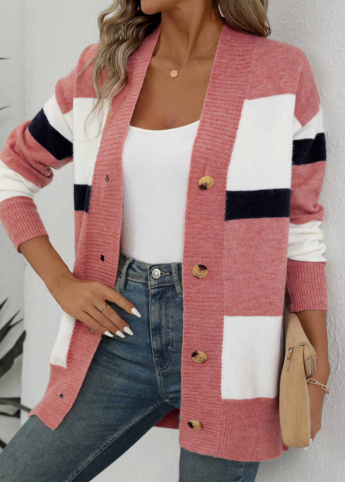 Pink Button Striped Long Sleeve Cardigan | picture 
