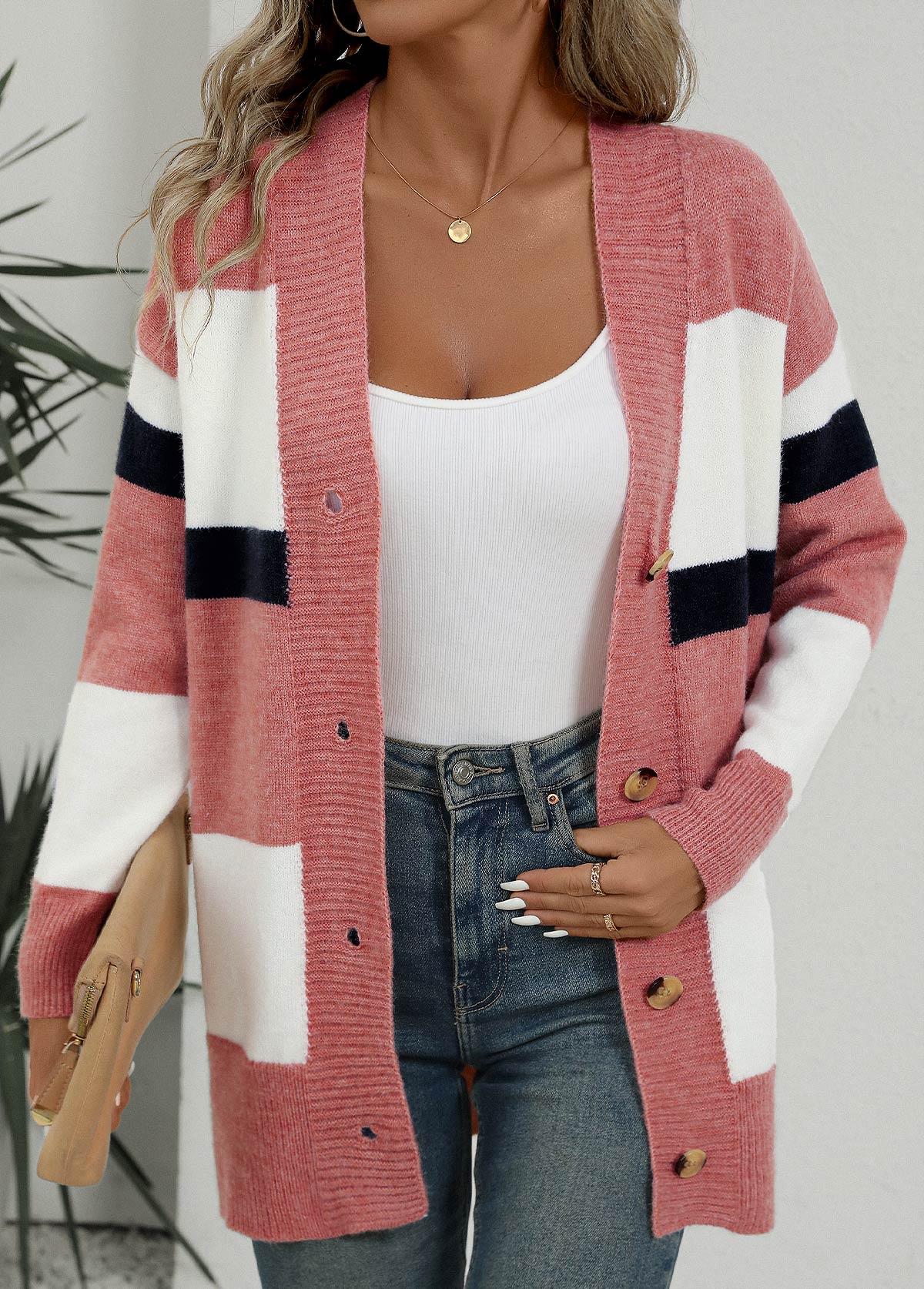 Pink Button Striped Long Sleeve Cardigan | picture 