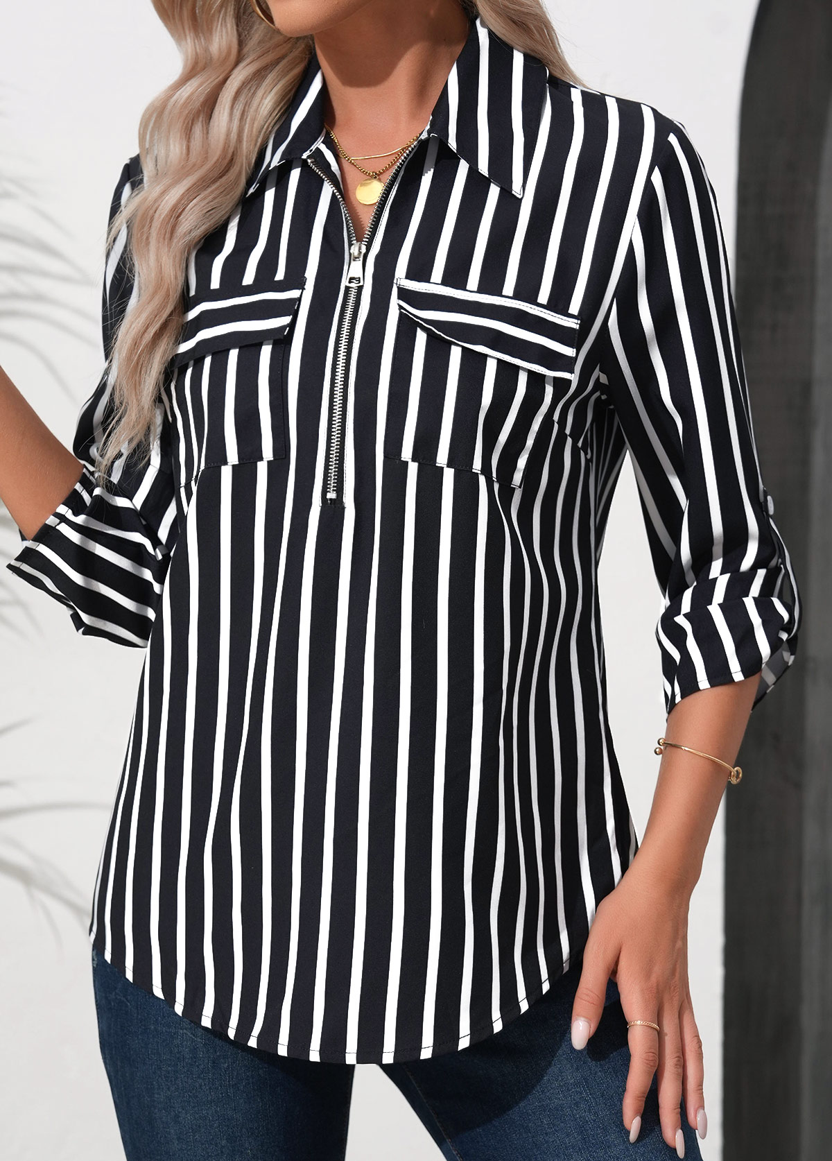 Black Zipper Striped 3/4 Sleeve Turn Down Collar Blouse | picture 