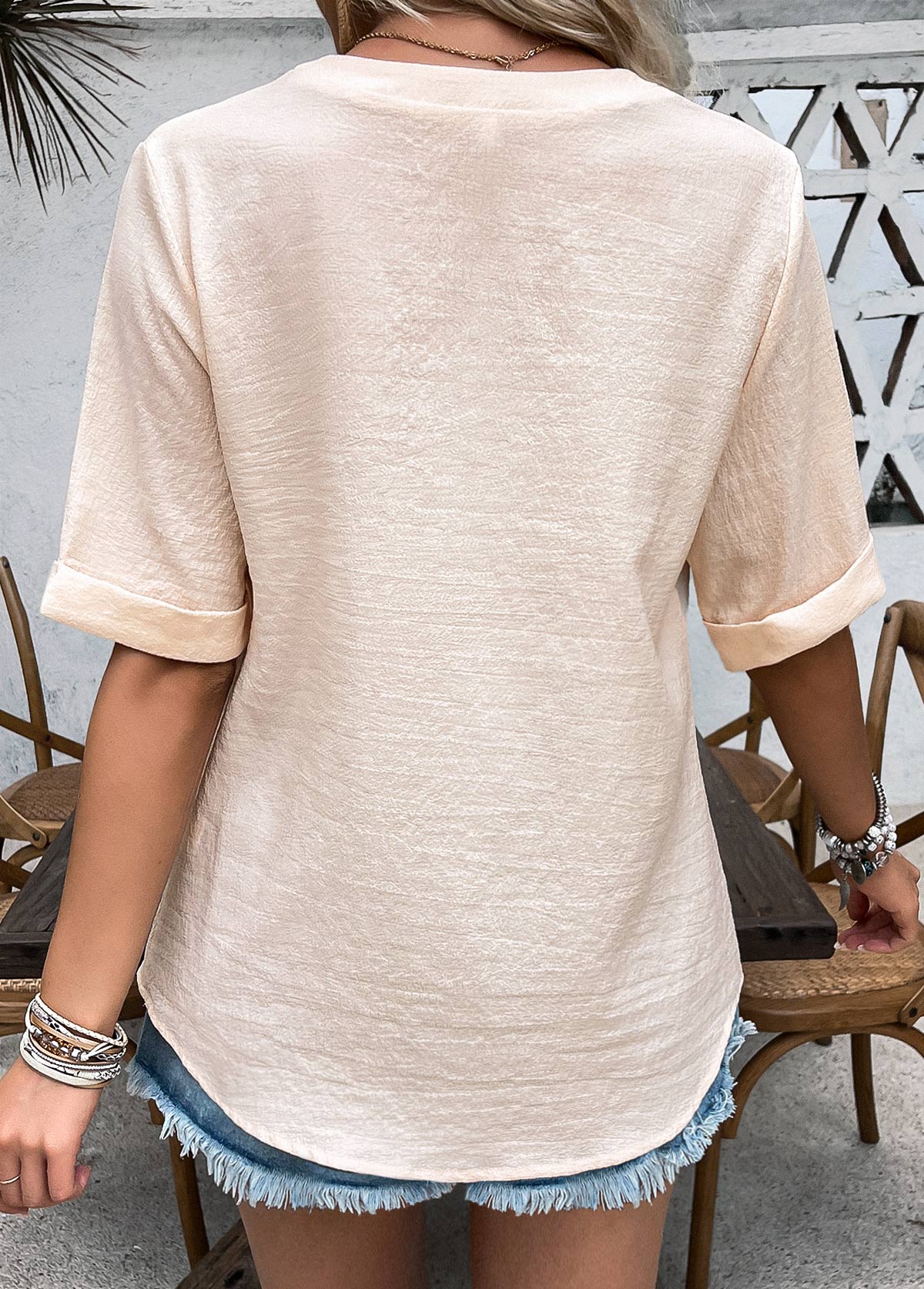 Light Camel Button Half Sleeve Split Neck Blouse | picture 