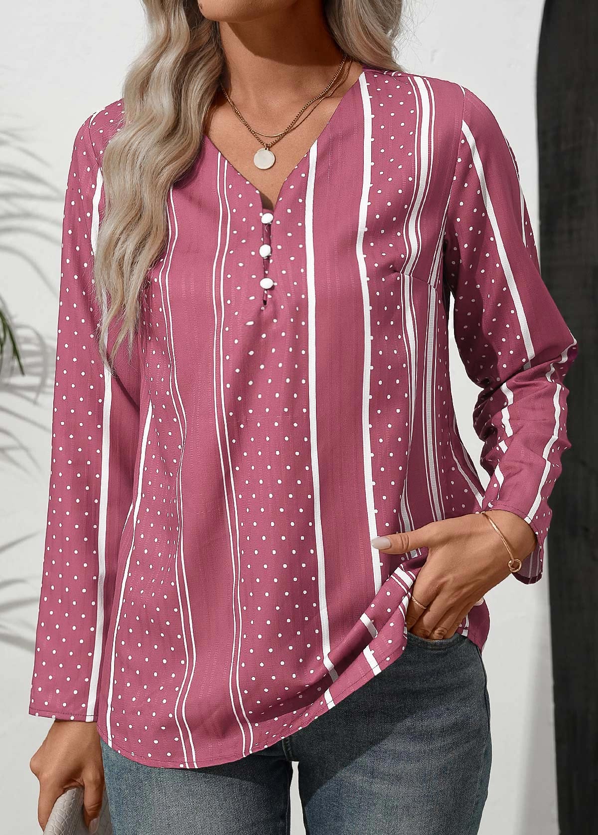 Pink Button Polka Dot Long Sleeve V Neck Blouse | picture 
