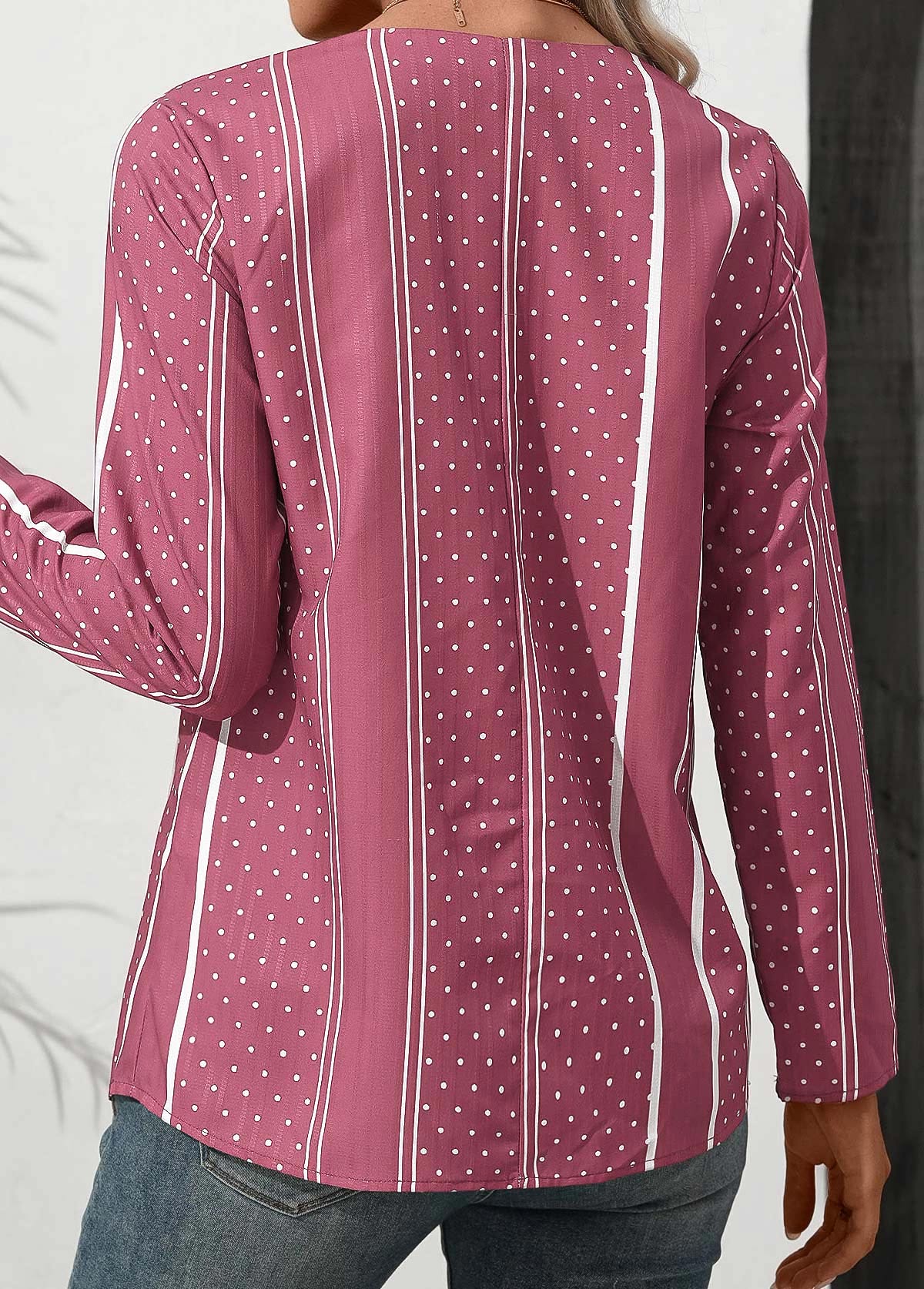 Pink Button Polka Dot Long Sleeve V Neck Blouse | picture 