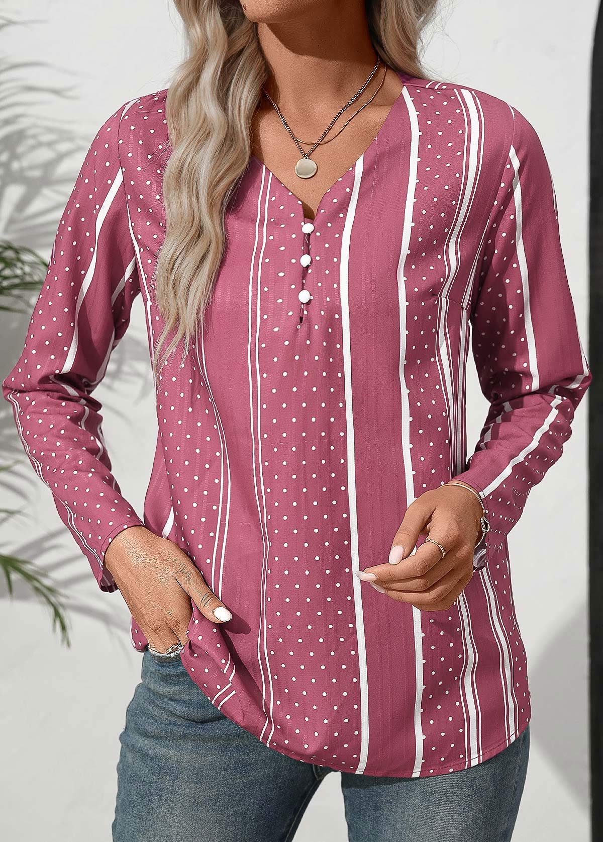 Pink Button Polka Dot Long Sleeve V Neck Blouse | picture 