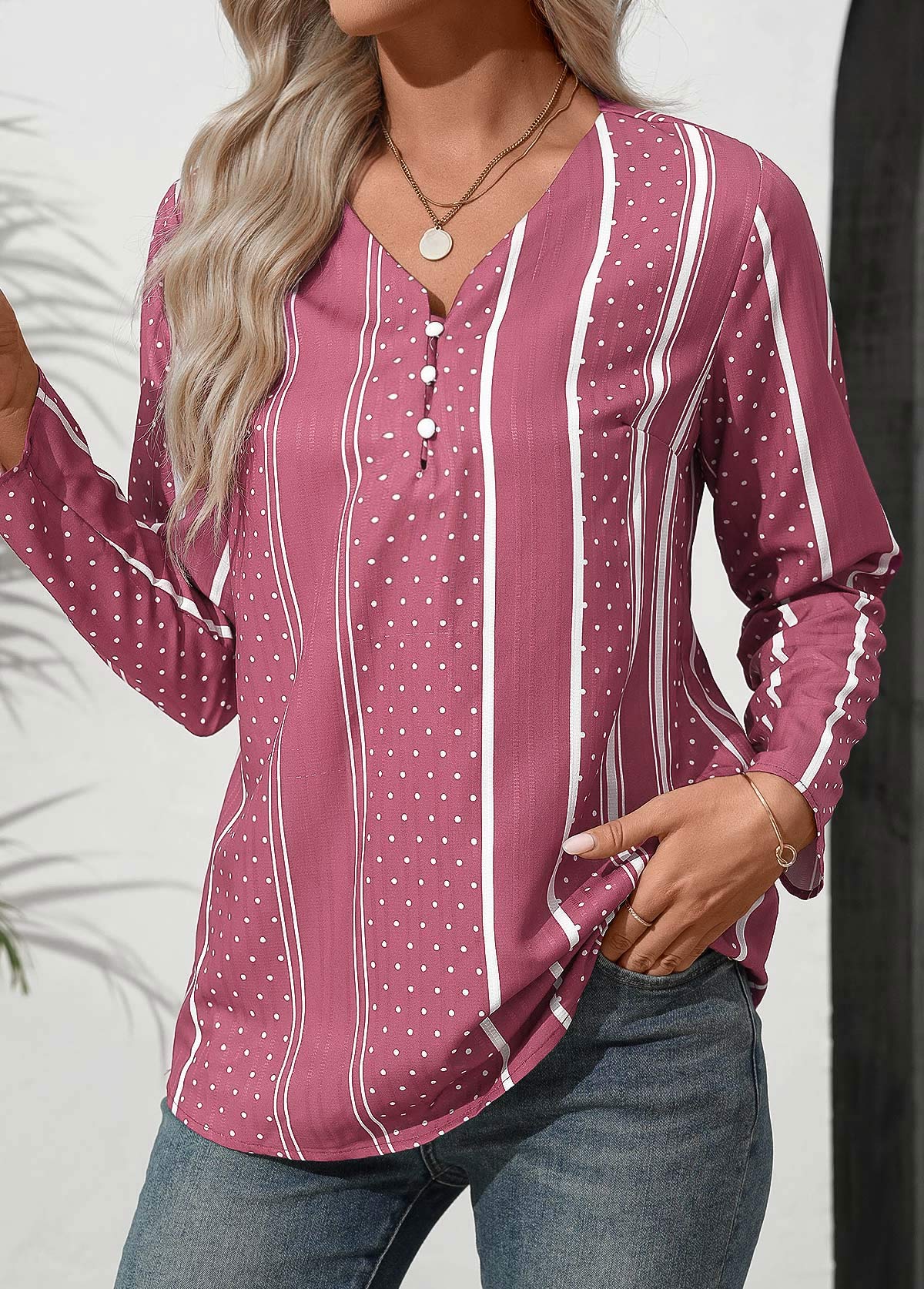 Pink Button Polka Dot Long Sleeve V Neck Blouse | picture 