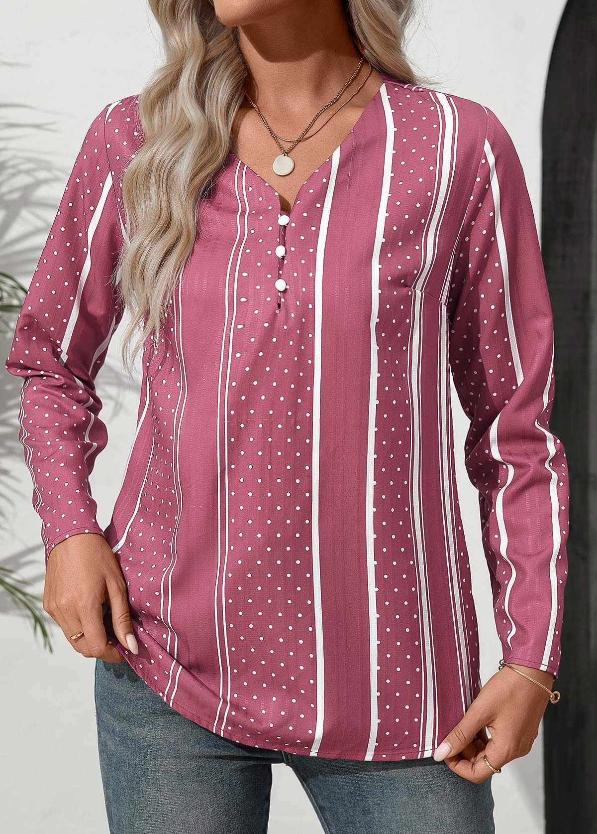 Pink Button Polka Dot Long Sleeve V Neck Blouse | picture 