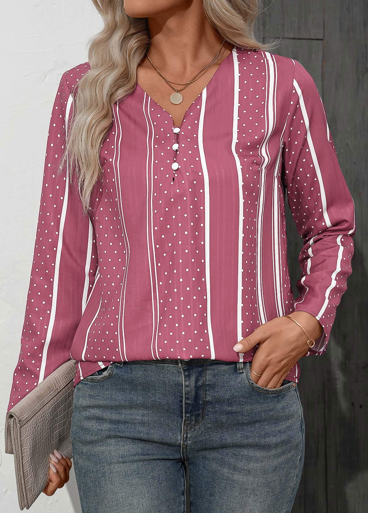 Pink Button Polka Dot Long Sleeve V Neck Blouse | picture 