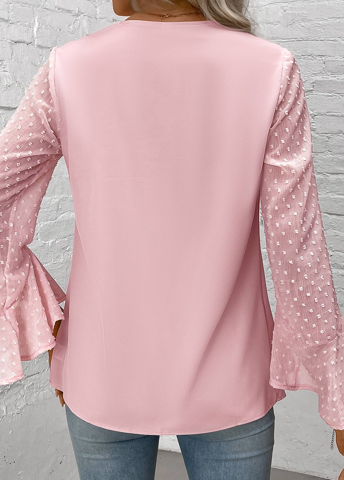 Light Pink Patchwork Long Sleeve V Neck Blouse