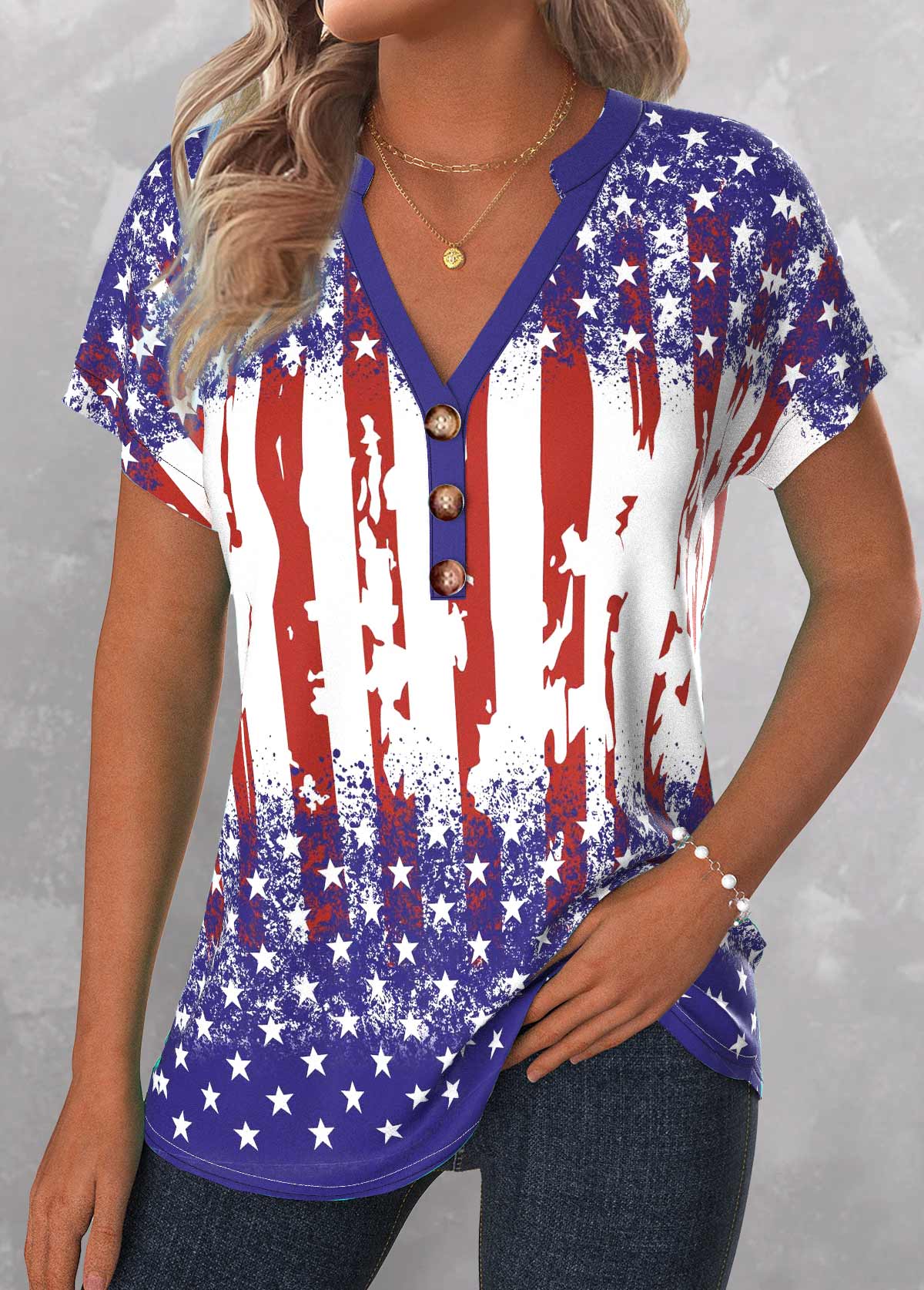 American Flag Blue Button Short Sleeve Split Neck Blouse | picture 
