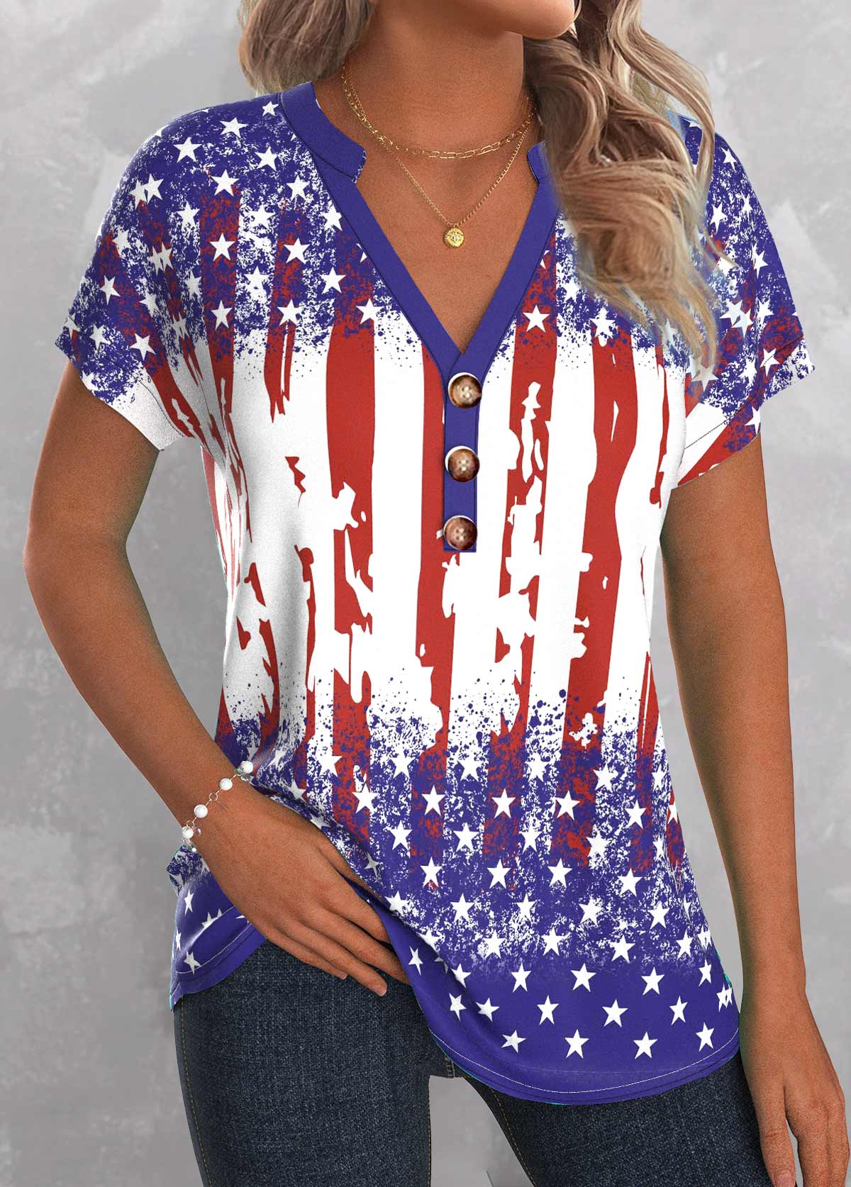 American Flag Blue Button Short Sleeve Split Neck Blouse | picture 