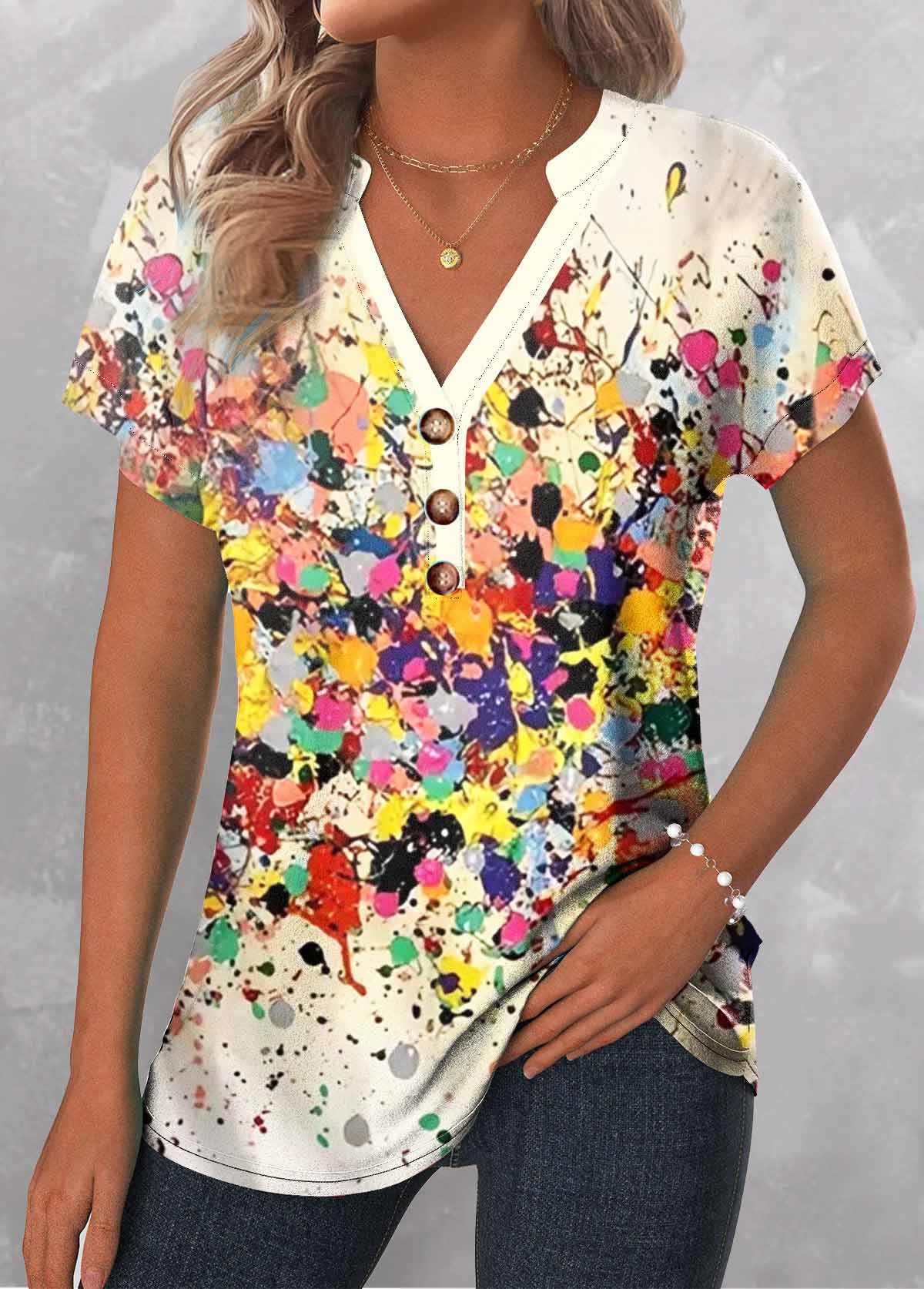 Multi Color Patchwork Dazzle Colorful Print T Shirt