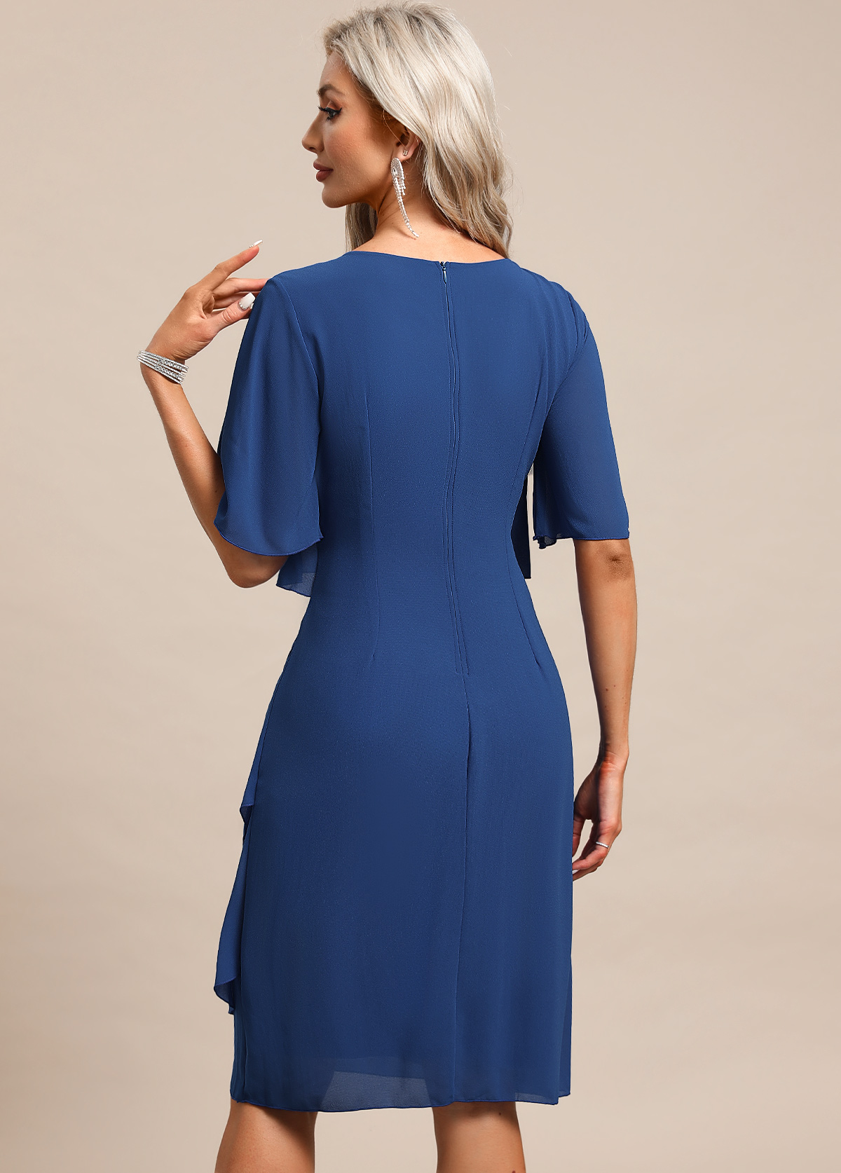 Blue Breathable Half Sleeve Scoop Neck Shift Dress