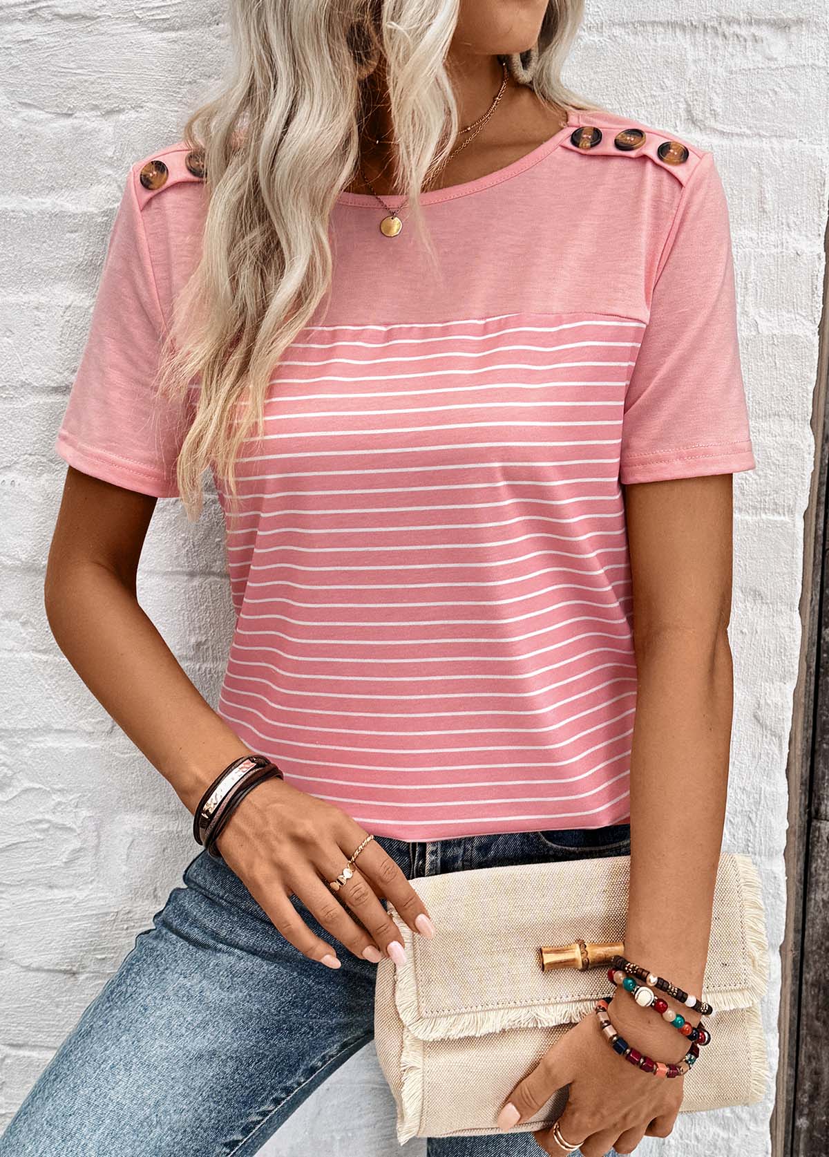 Dusty Pink Patchwork Striped Short Sleeve T Shirt