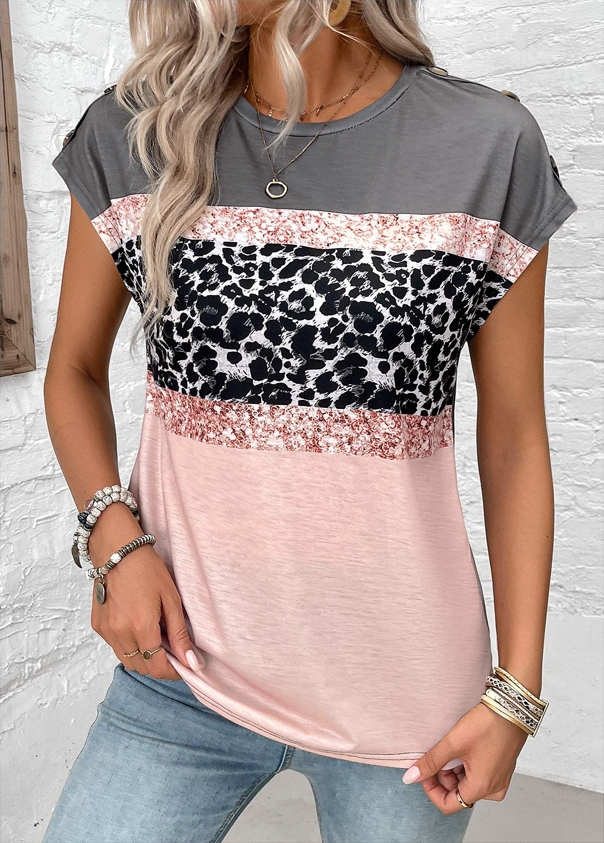 Pink Button Leopard Short Sleeve Round Neck T Shirt