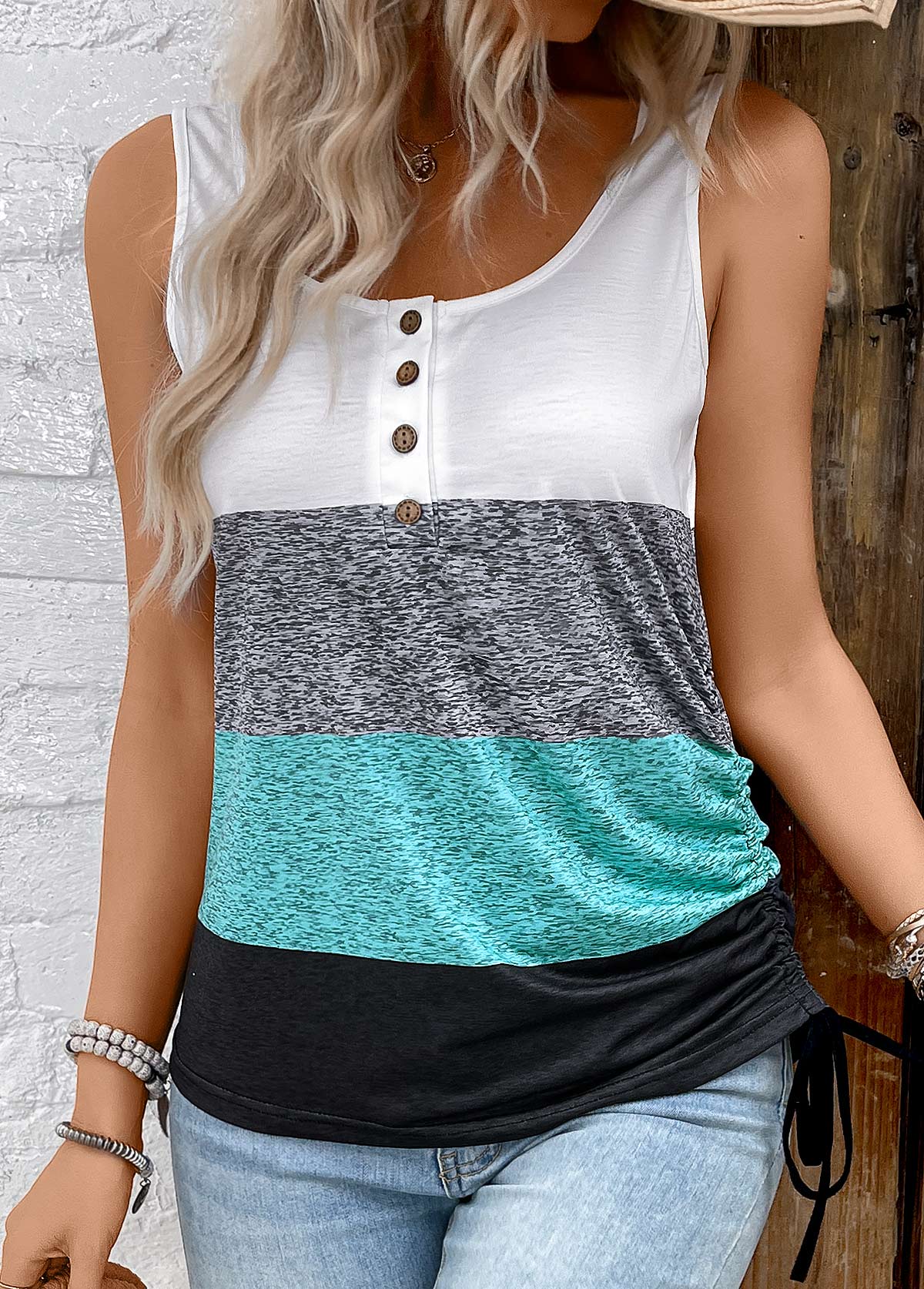 Multi Color Button Striped Sleeveless Scoop Neck Tank Top