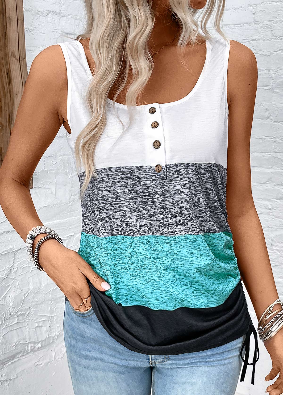 Multi Color Button Striped Sleeveless Scoop Neck Tank Top