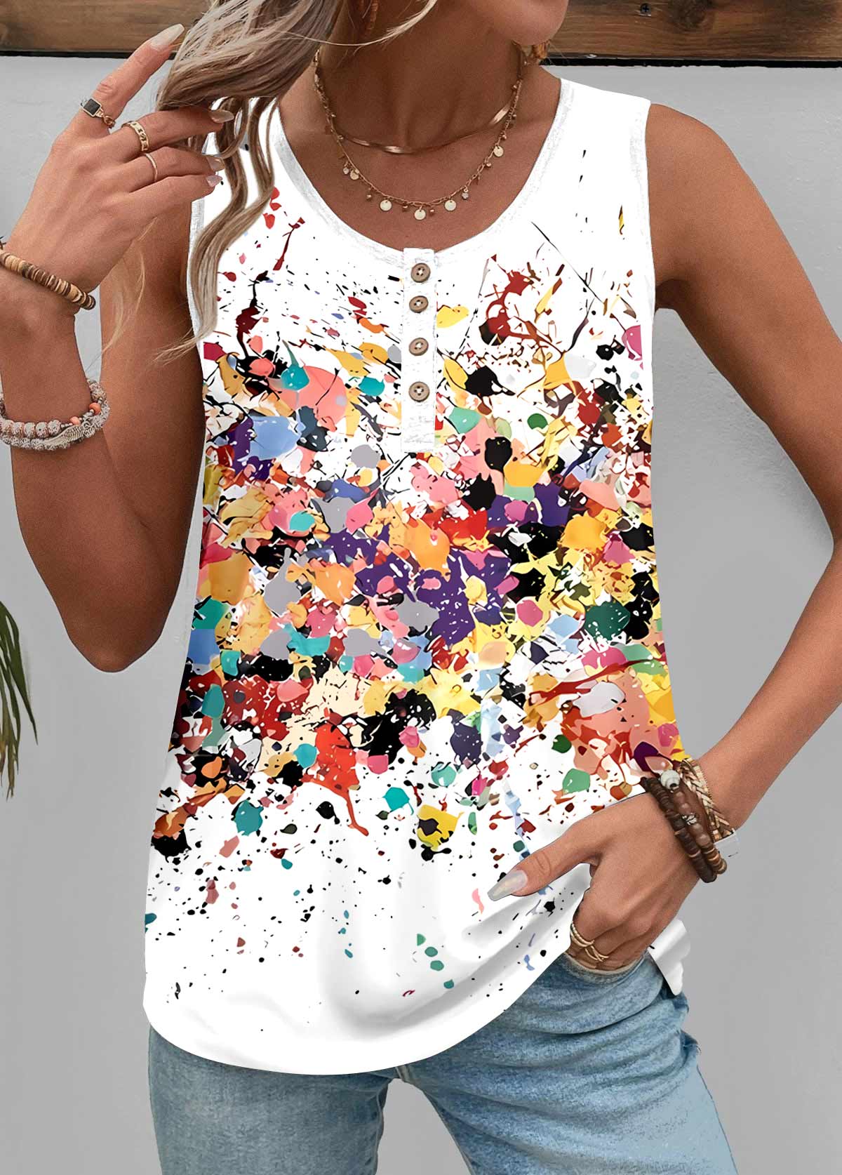 White Button Dazzle Colorful Print Sleeveless Tank Top | picture 