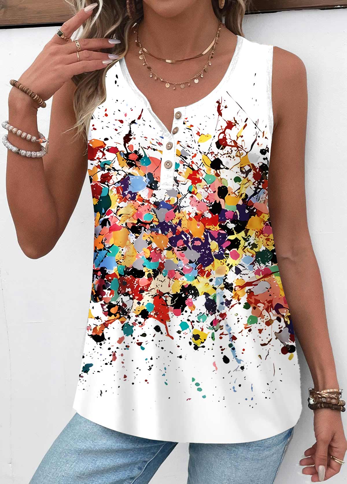 White Button Dazzle Colorful Print Sleeveless Tank Top | picture 