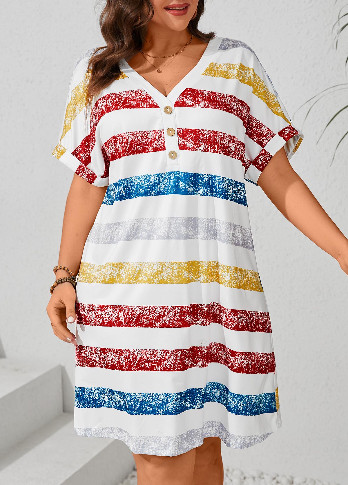 Multi Color Button Plus Size Striped Shift Dress