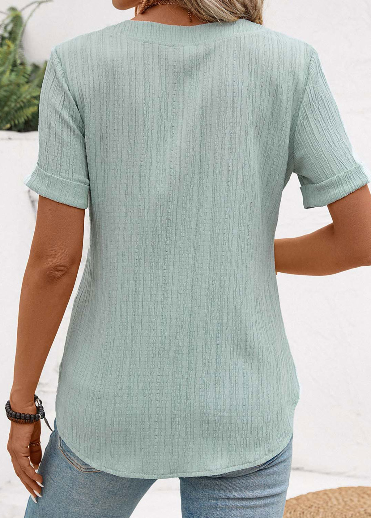 Mint Green Patchwork Short Sleeve Split Neck Shirt