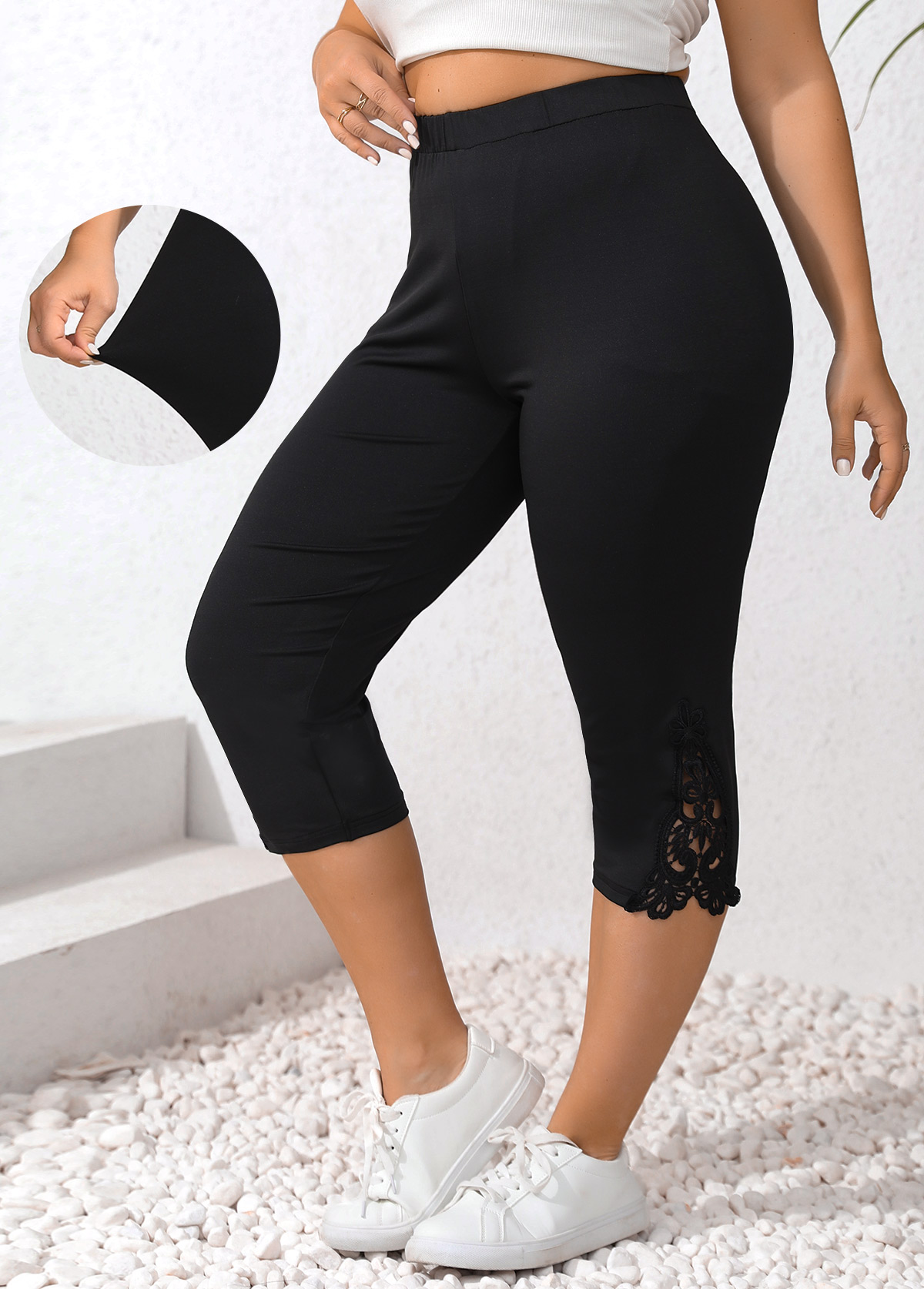 Black Patchwork Plus Size Skinny Elastic Waist Leggings