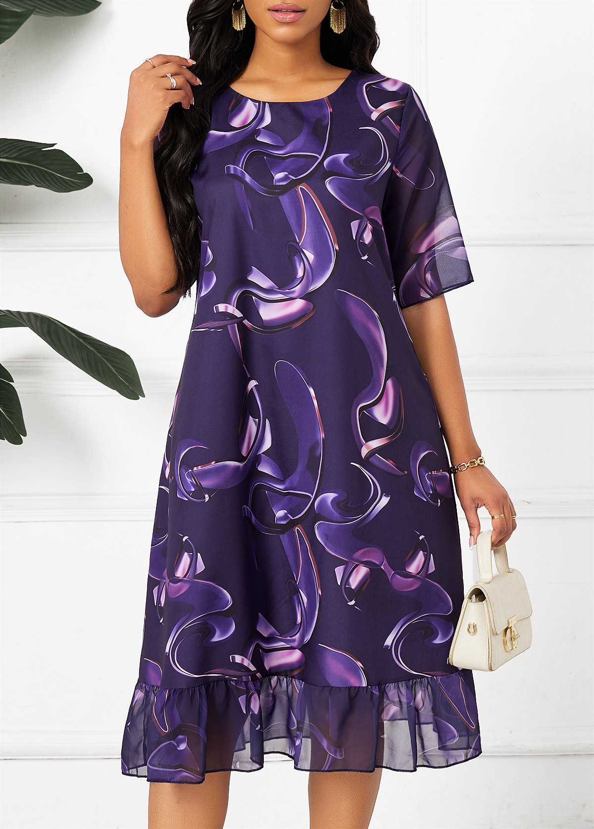 Dark Purple Ruched Ombre A Line Half Sleeve Dress