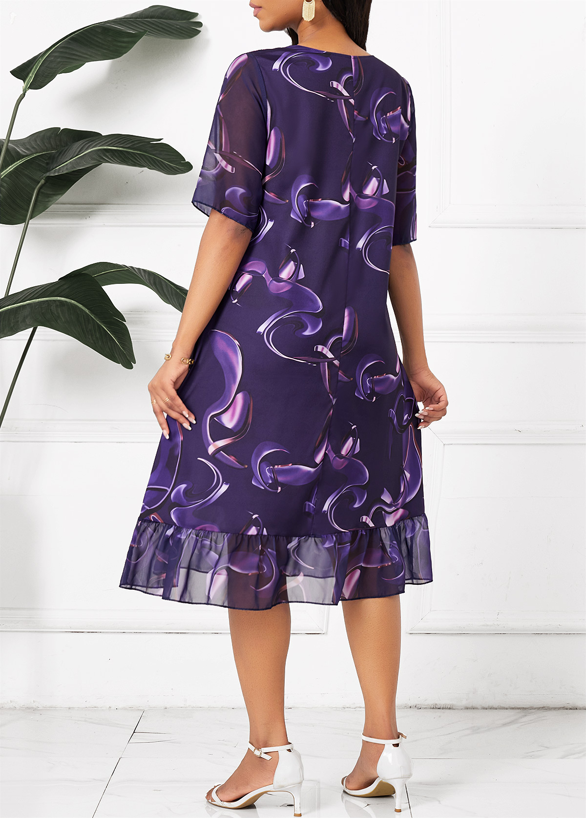 Dark Purple Ruched Ombre A Line Half Sleeve Dress