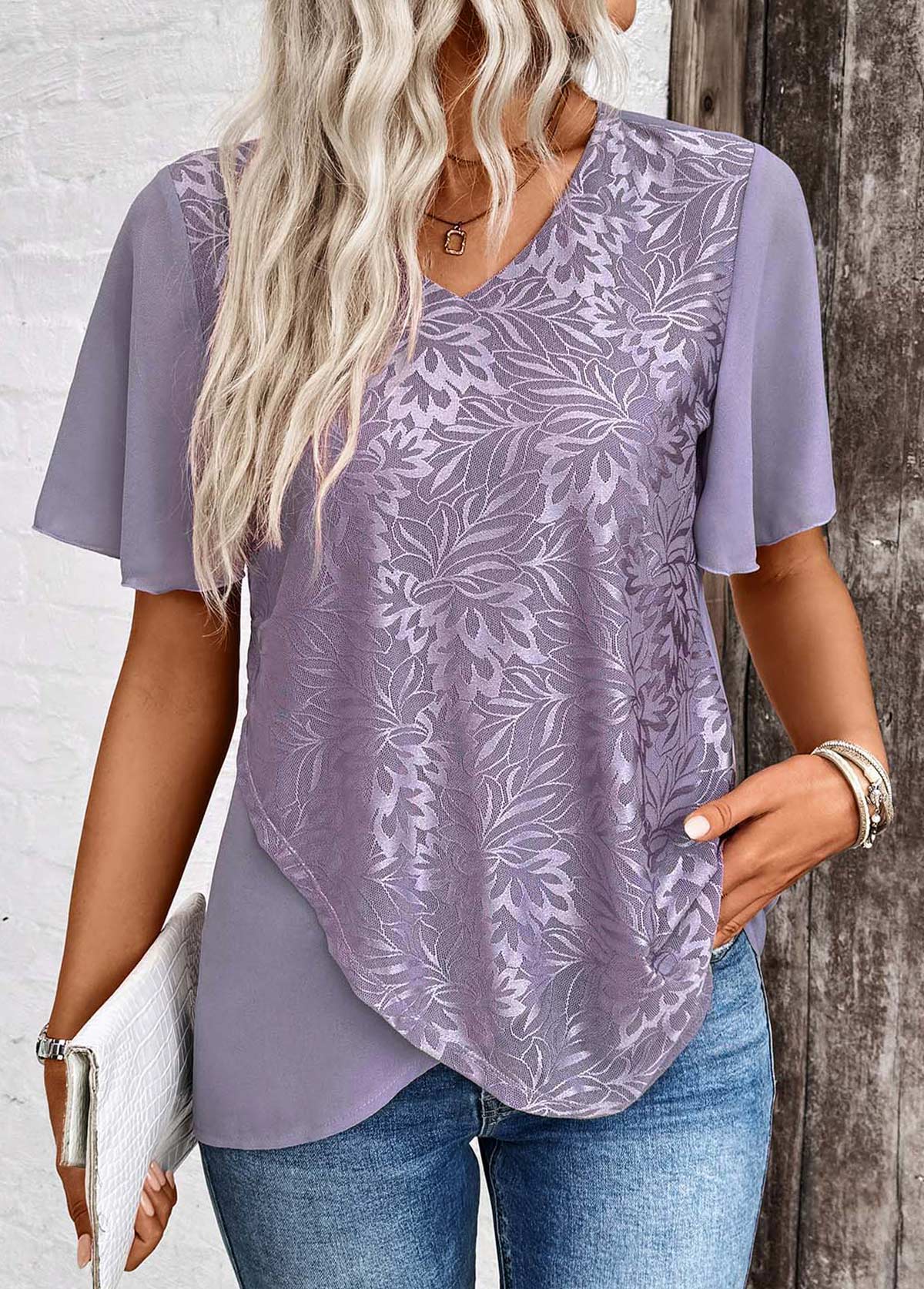 Dusty Purple Cross Hem Short Sleeve V Neck Blouse | picture 