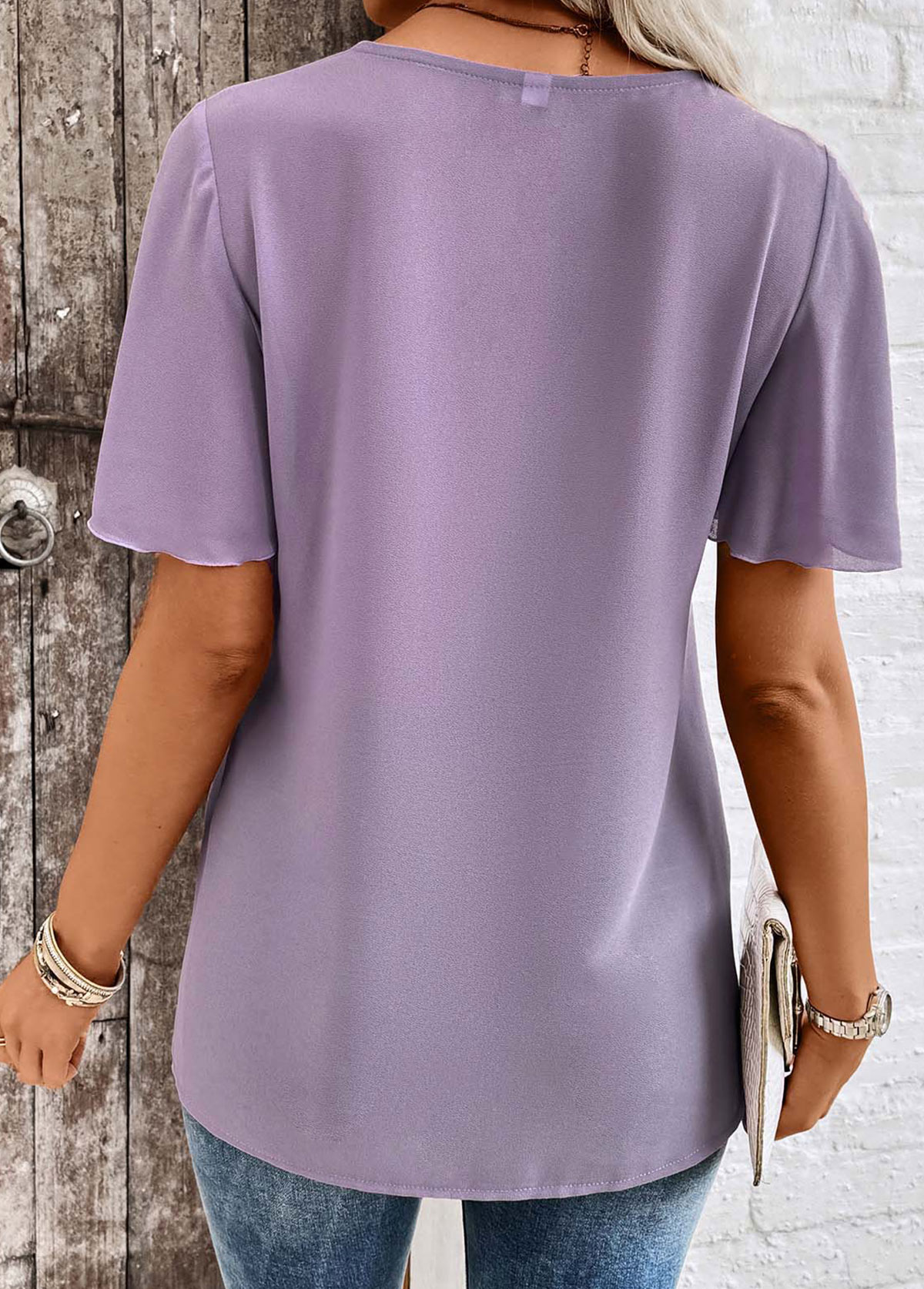 Dusty Purple Cross Hem Short Sleeve V Neck Blouse | picture 