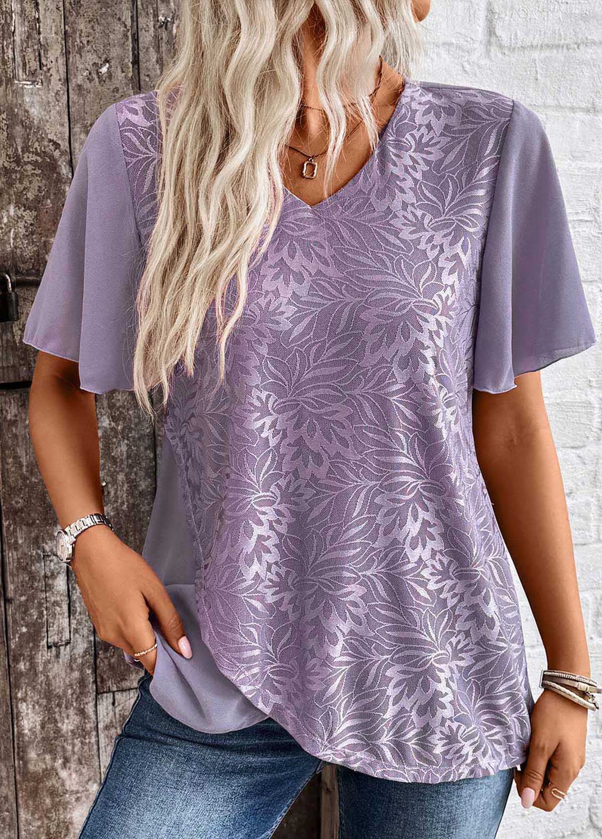 Dusty Purple Cross Hem Short Sleeve V Neck Blouse | picture 