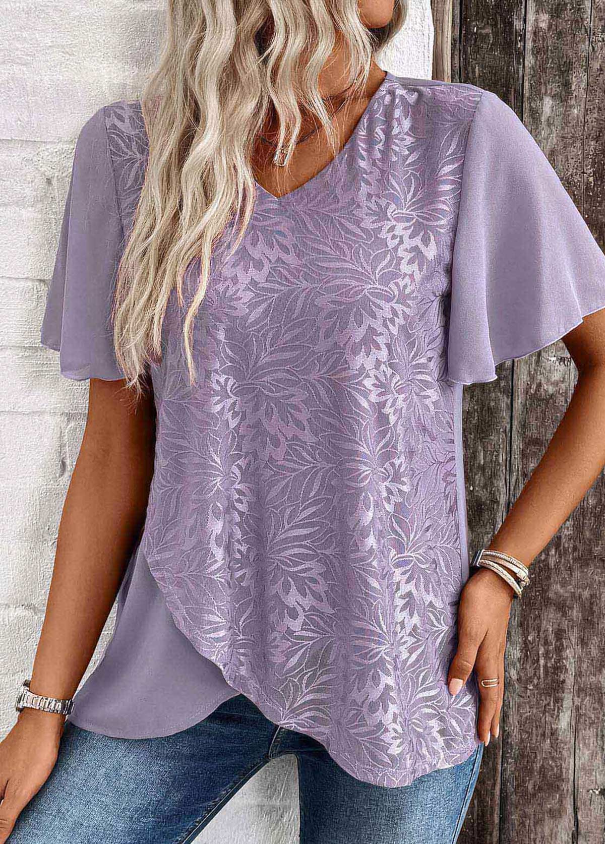 Dusty Purple Cross Hem Short Sleeve V Neck Blouse | picture 