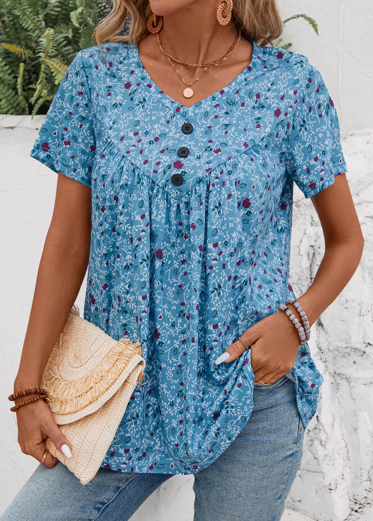 Dusty Blue Button Ditsy Floral Print T Shirt