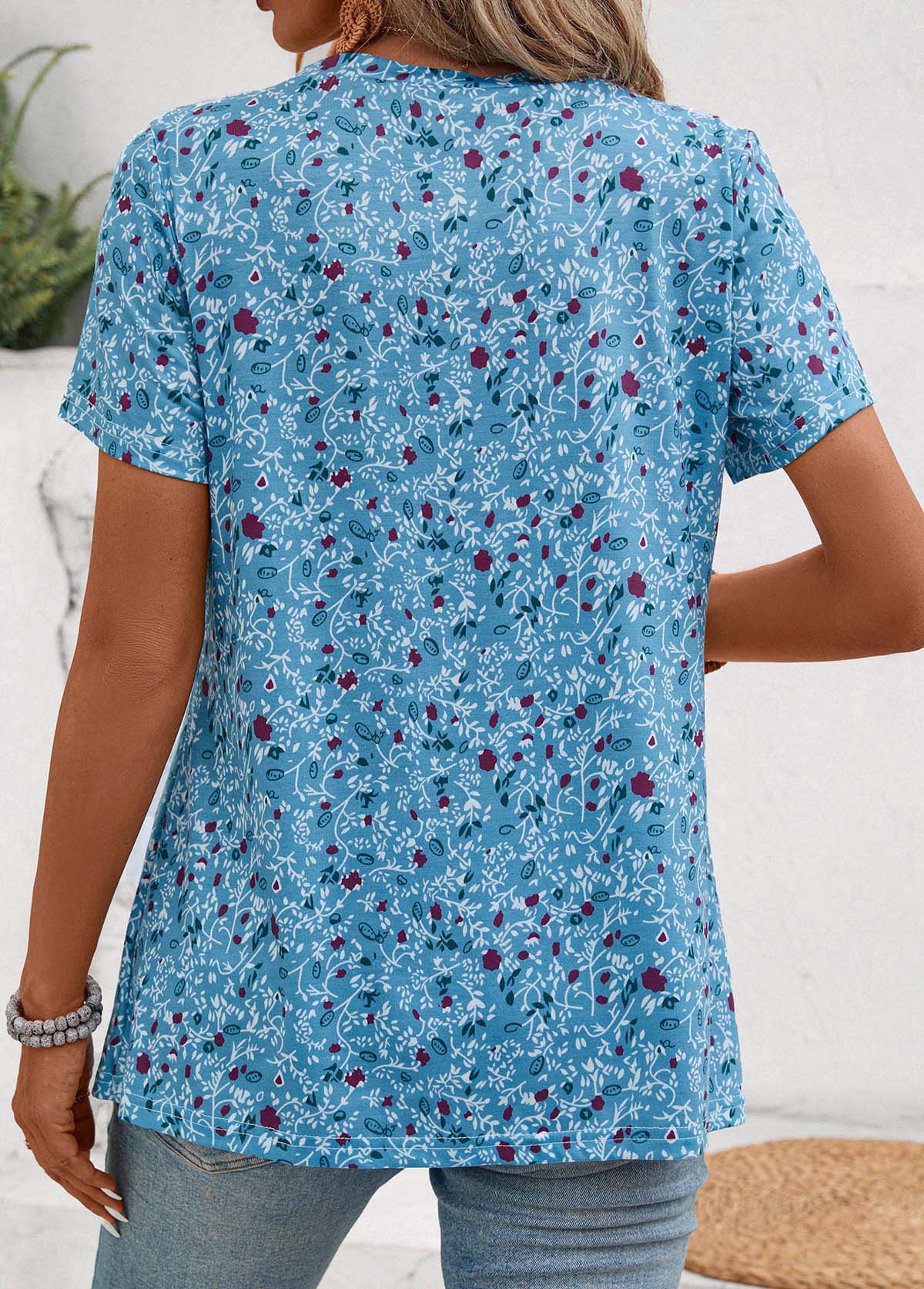 Dusty Blue Button Ditsy Floral Print T Shirt