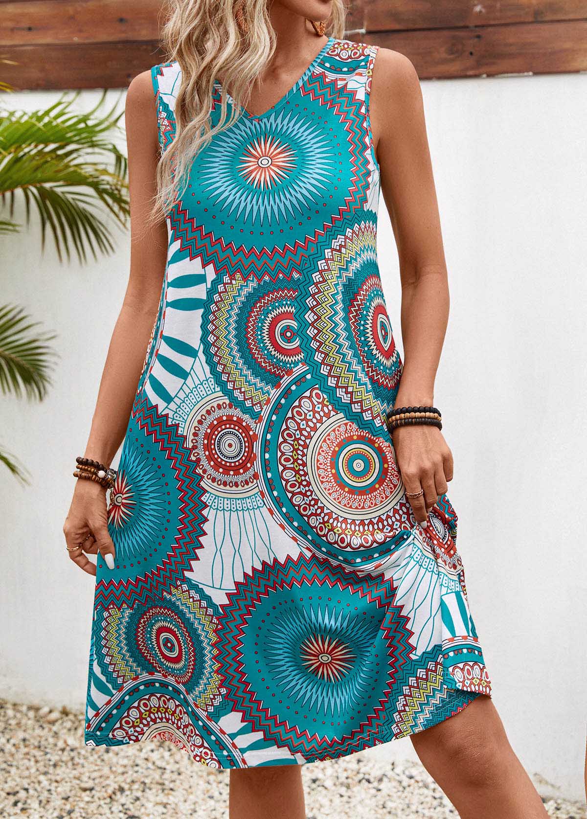 Turquoise Lightweight Tribal Print Sleeveless V Neck Dress