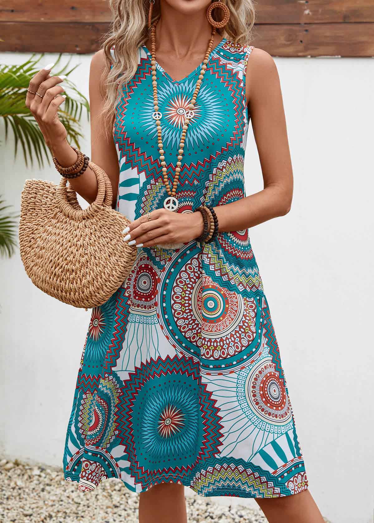 Turquoise Lightweight Tribal Print Sleeveless V Neck Dress