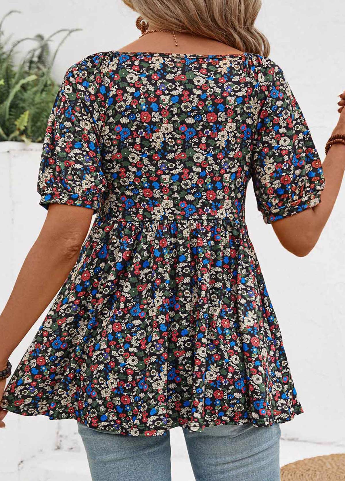 Multi Color Ruched Ditsy Floral Print Short Sleeve Shirt