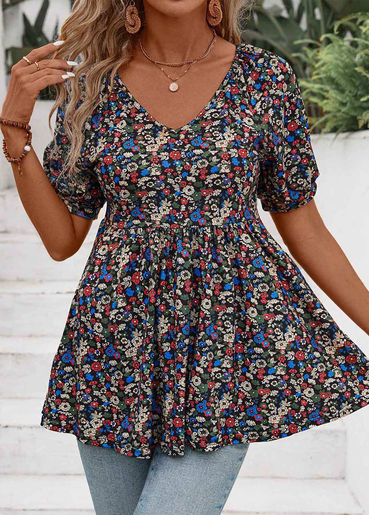 Multi Color Ruched Ditsy Floral Print Short Sleeve Shirt