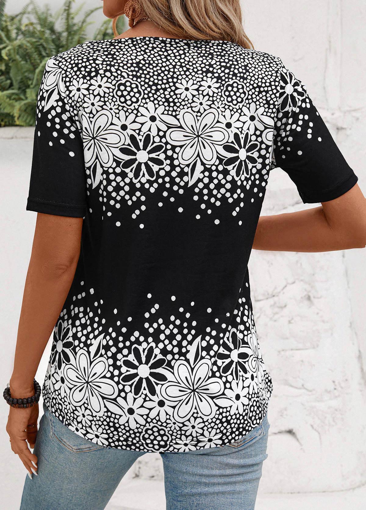 Black Floral Print Short Sleeve Asymmetrical Neck T Shirt