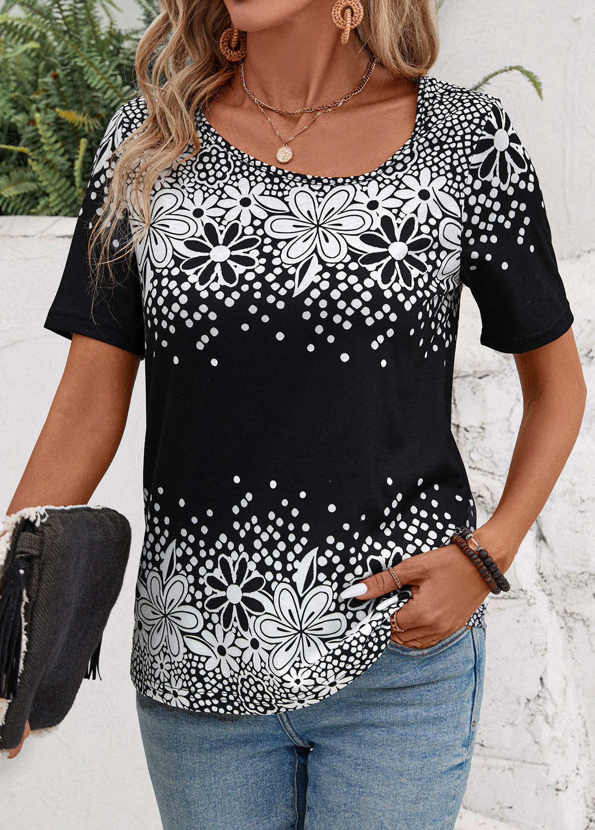 Black Floral Print Short Sleeve Asymmetrical Neck T Shirt
