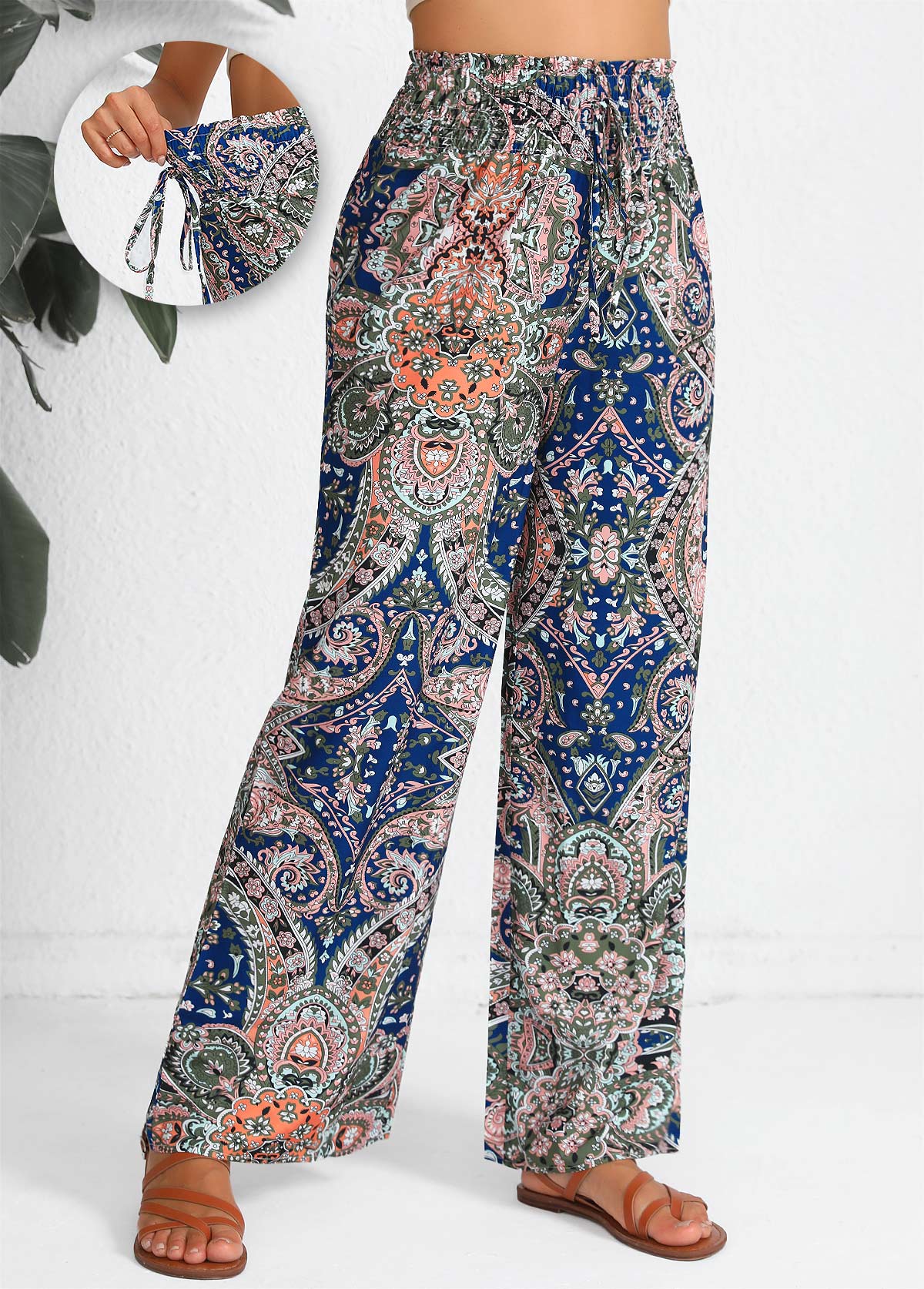 Blue Smocked Tribal Print Elastic Waist High Waisted Pants | picture 