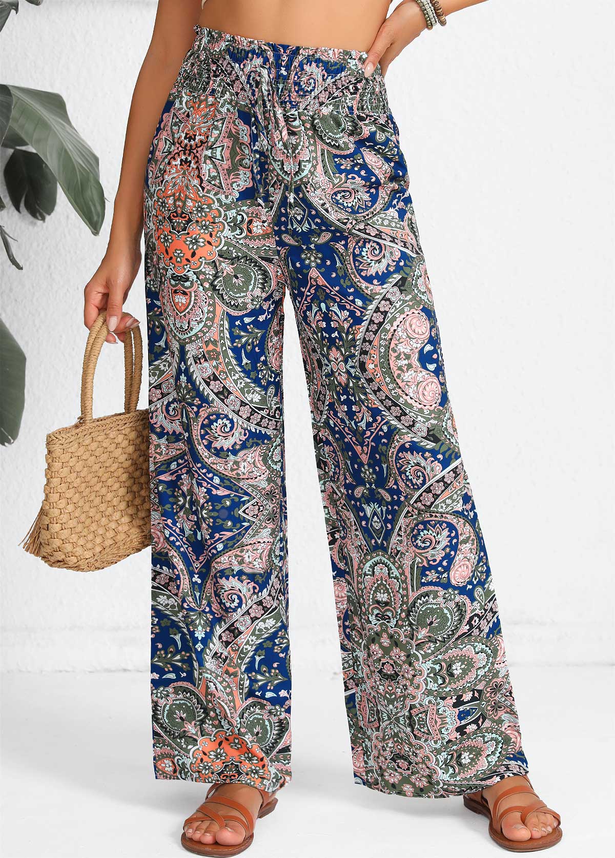 Blue Smocked Tribal Print Elastic Waist High Waisted Pants | picture 