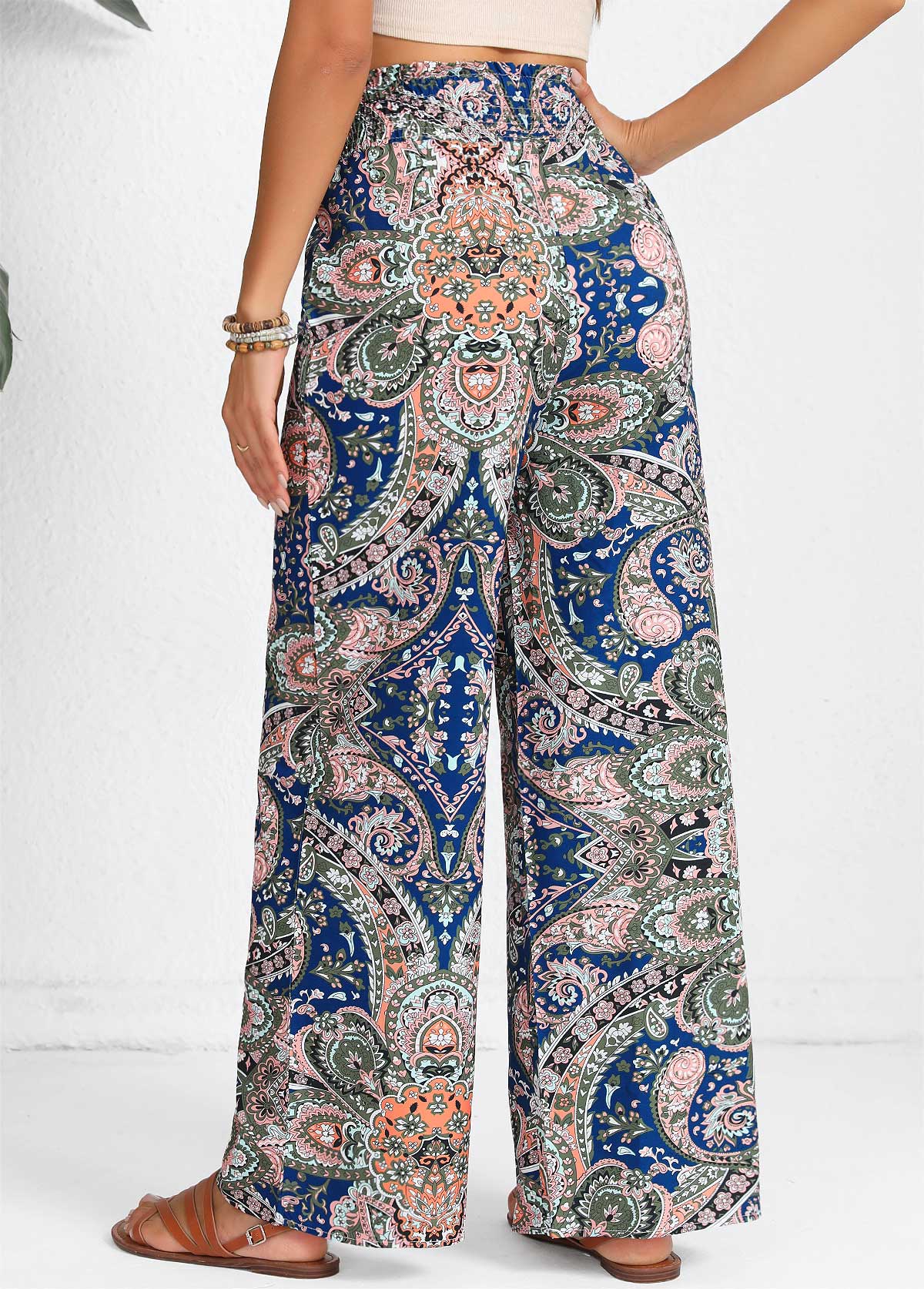 Blue Smocked Tribal Print Elastic Waist High Waisted Pants | picture 