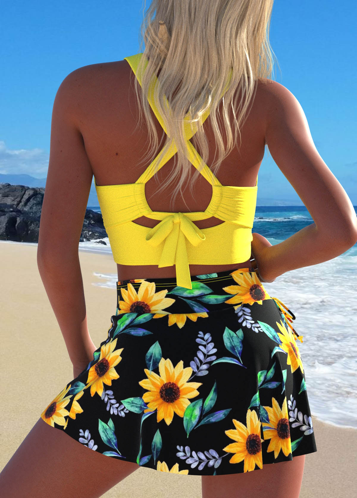 Criss Cross Sunflower Print Yellow Bikini Set