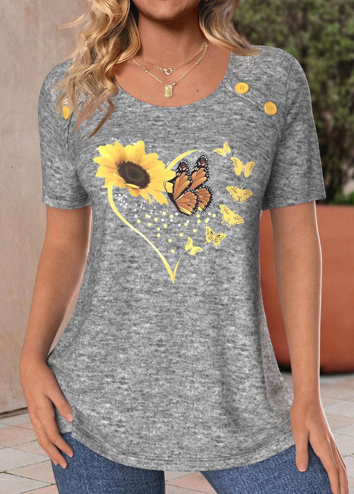 Light Grey Marl Button Sunflower Print T Shirt