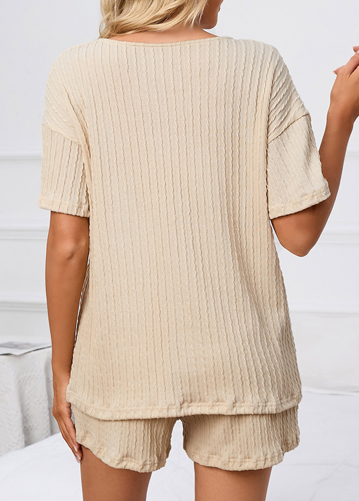 Beige Short Sleeve Split Neck Lounge Top and Shorts | picture 