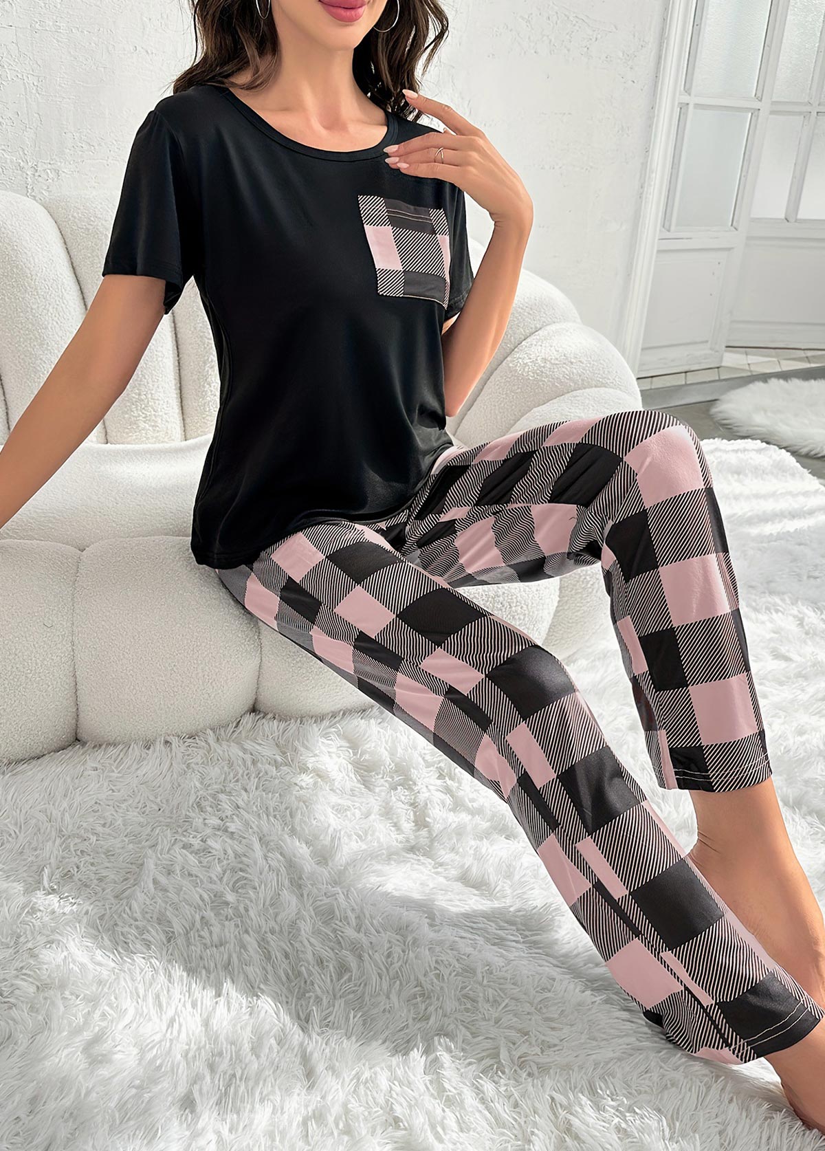 Black Plaid Short Sleeve Lounge Top and Pants