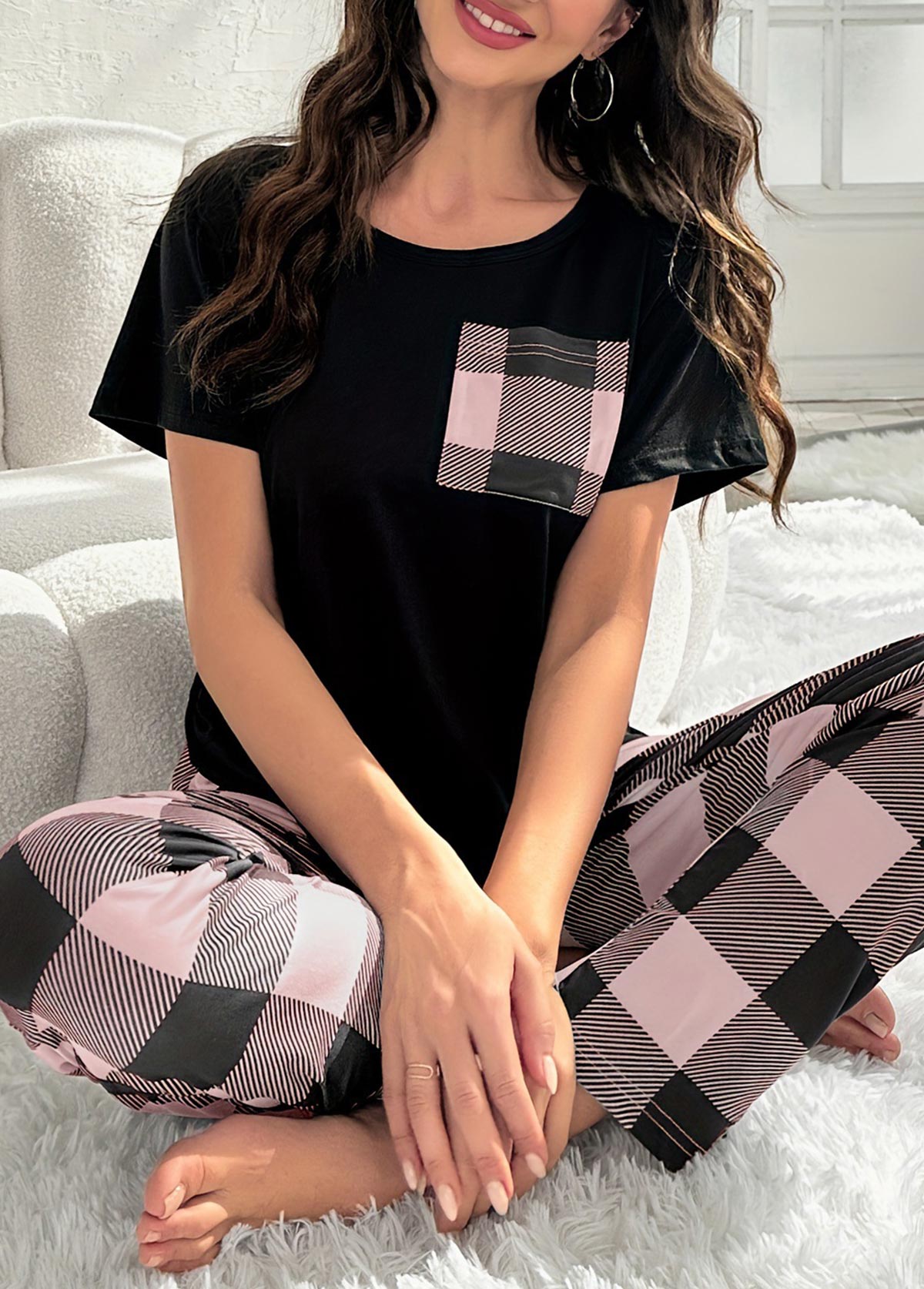Black Plaid Short Sleeve Lounge Top and Pants