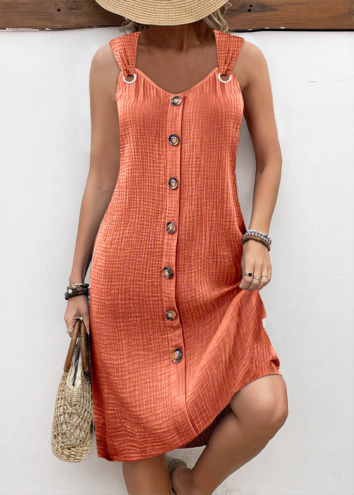 Plus Size Orange Breathable A Line Sleeveless Dress