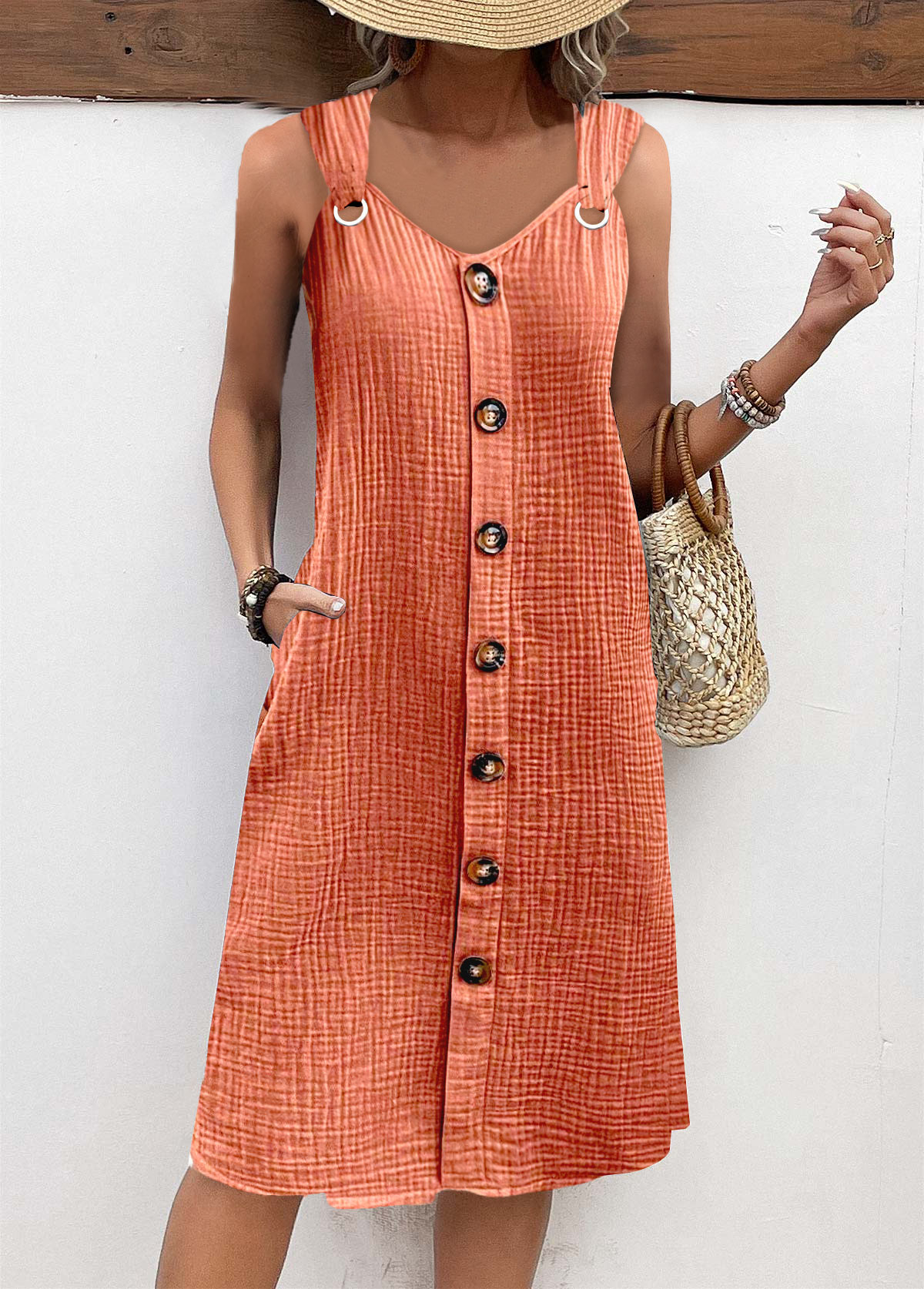 Plus Size Orange Breathable A Line Sleeveless Dress