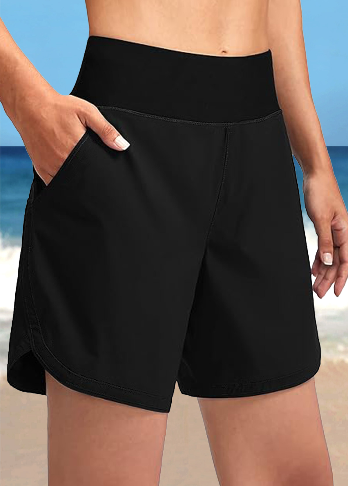 Mid Waisted Black Pocket Quick Drying Beach Shorts | linkimg