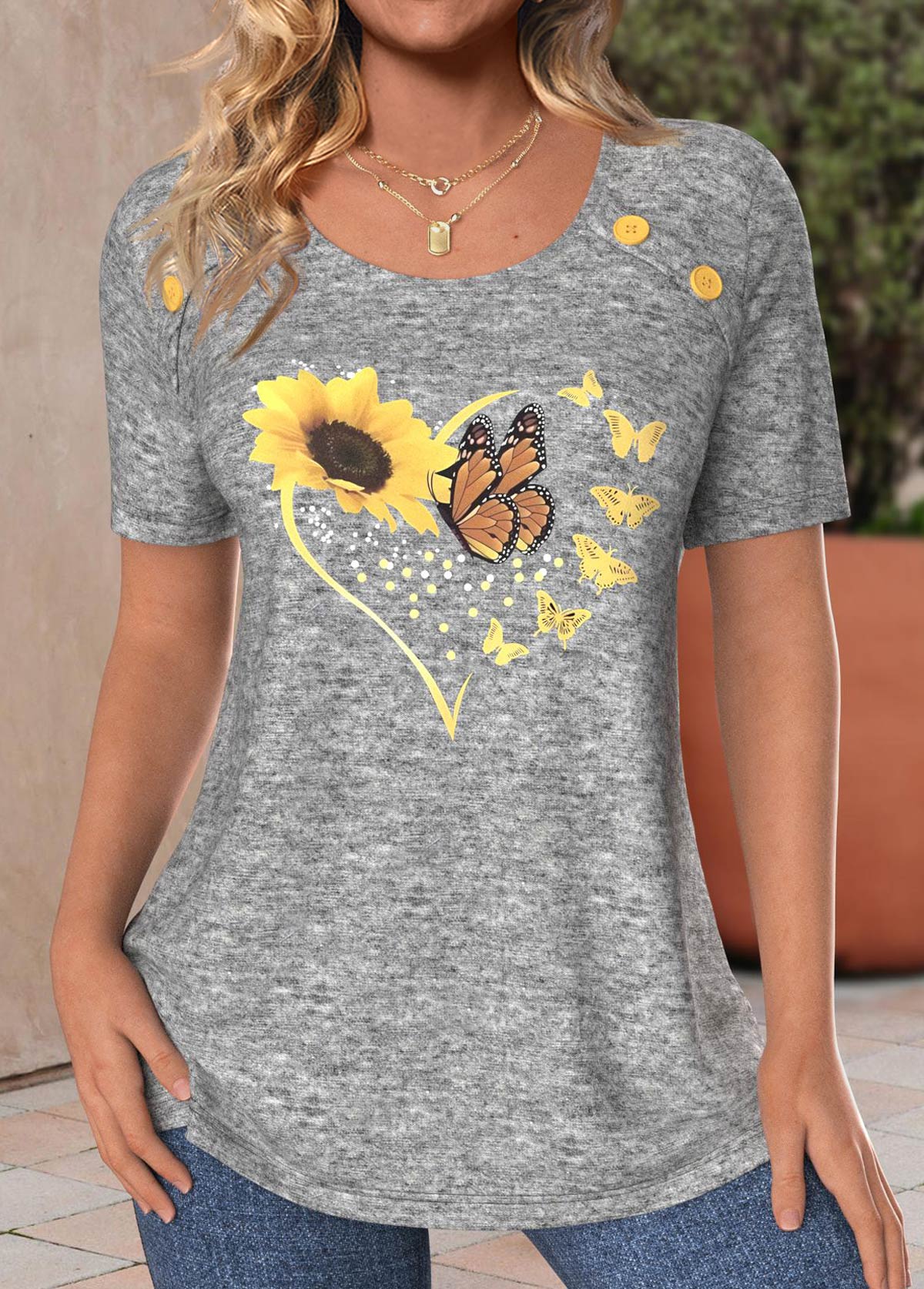 Light Grey Marl Button Sunflower Print T Shirt